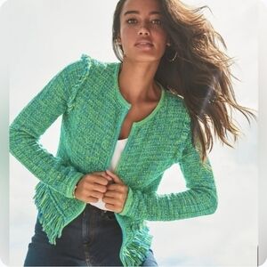 Lilly Pulitzer Simora Fringe Cardigan Large Evergreen Exotic Tweed EUC